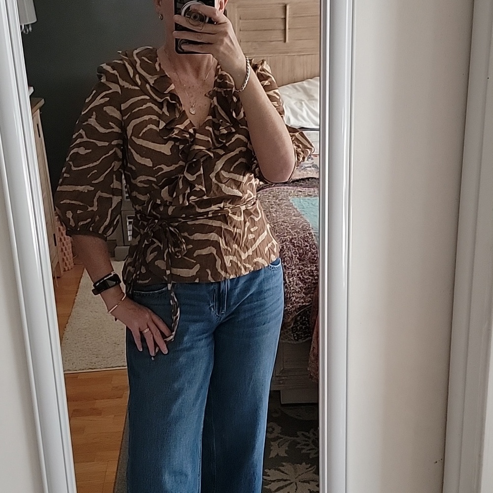 Lauren Ralph Lauren Brown and Tan Zebra Print Wrap Blouse Cotton Sz L - Picture 11 of 11
